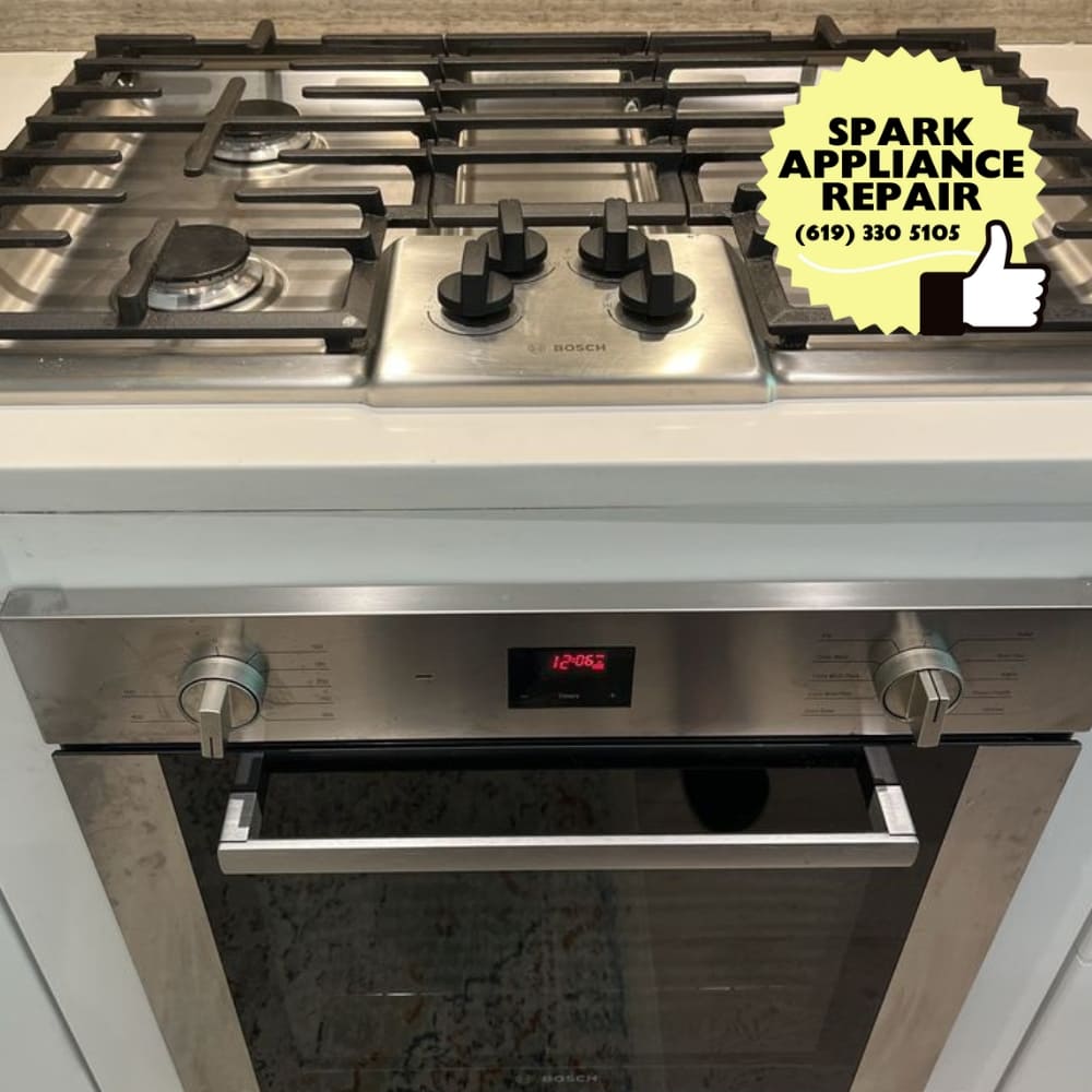 Slide-in stainless gas range with cooktop and oven in one chassis serviced in La Jolla — Spark Appliance Repair San Diego