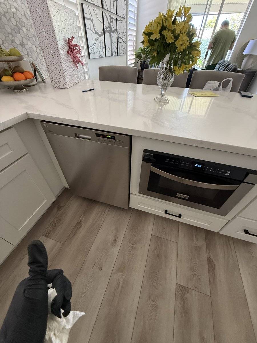 Yurii inspecting a built-in dishwasher in a San Diego home — checking for drainage and spray arm issues