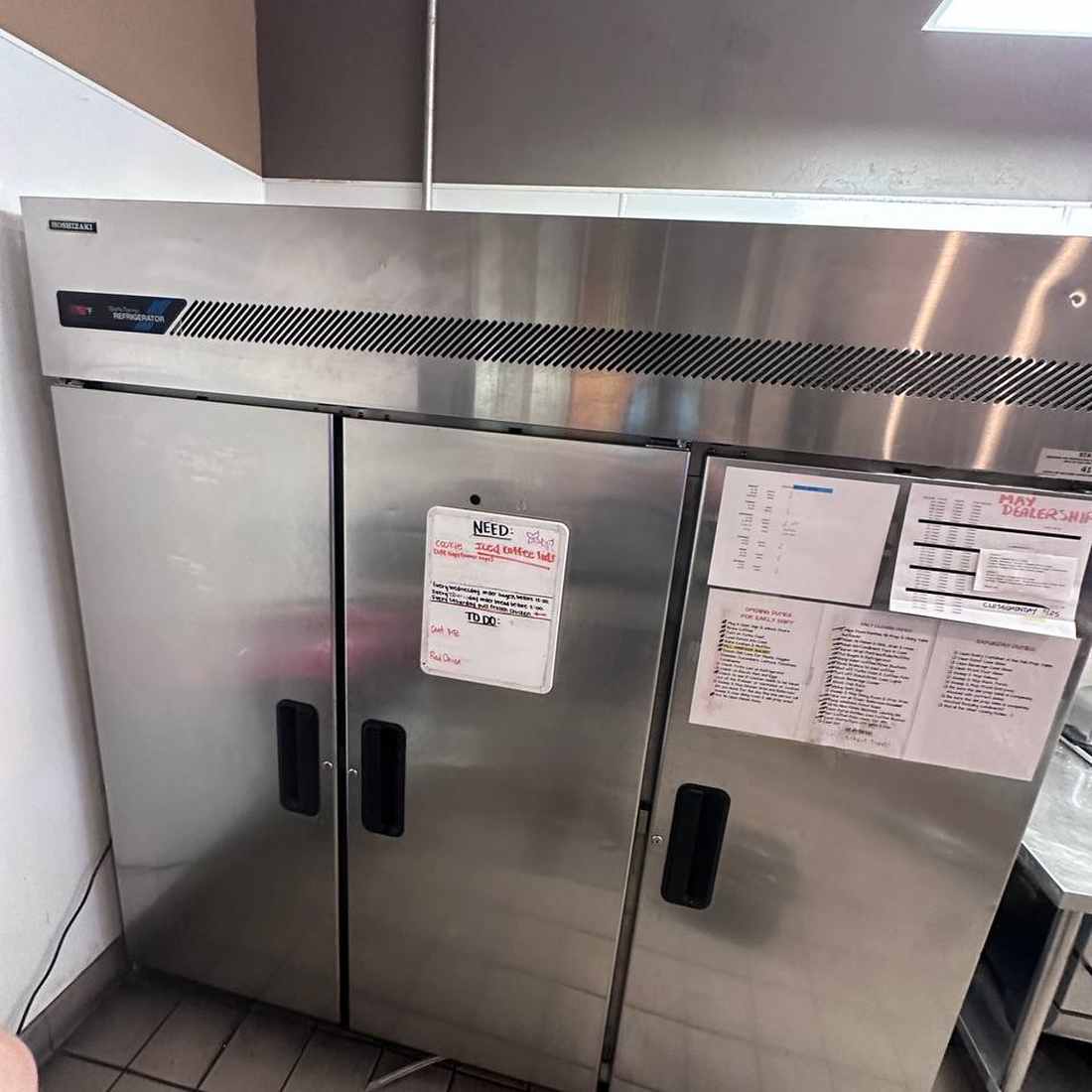 Hoshizaki commercial reach-in refrigerator serviced by Spark Appliance Repair in a San Diego restaurant kitchen