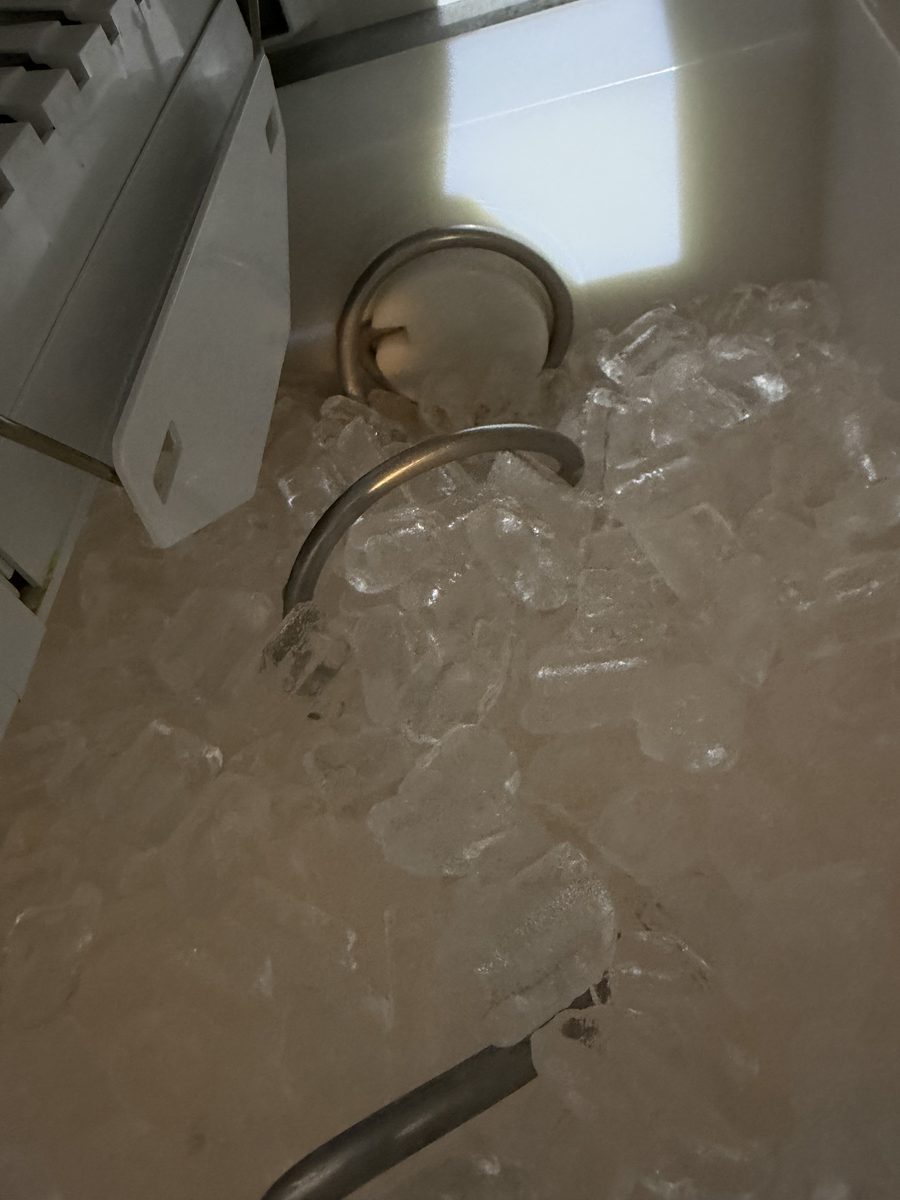 Ice bin and wire shut-off arm of a refrigerator ice maker during a Spark service call
