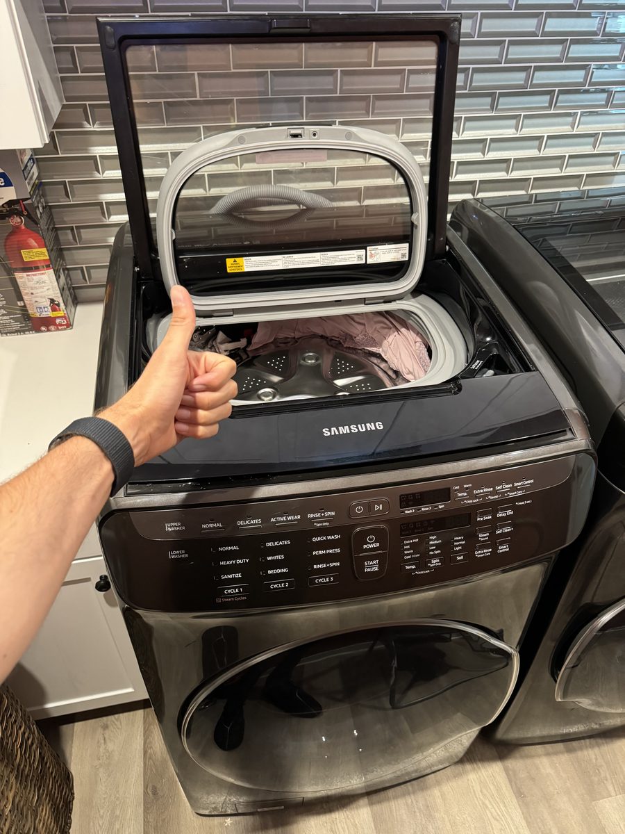 Samsung FlexWash washer with the upper compartment lid open on a Spark Appliance Repair call in San Diego