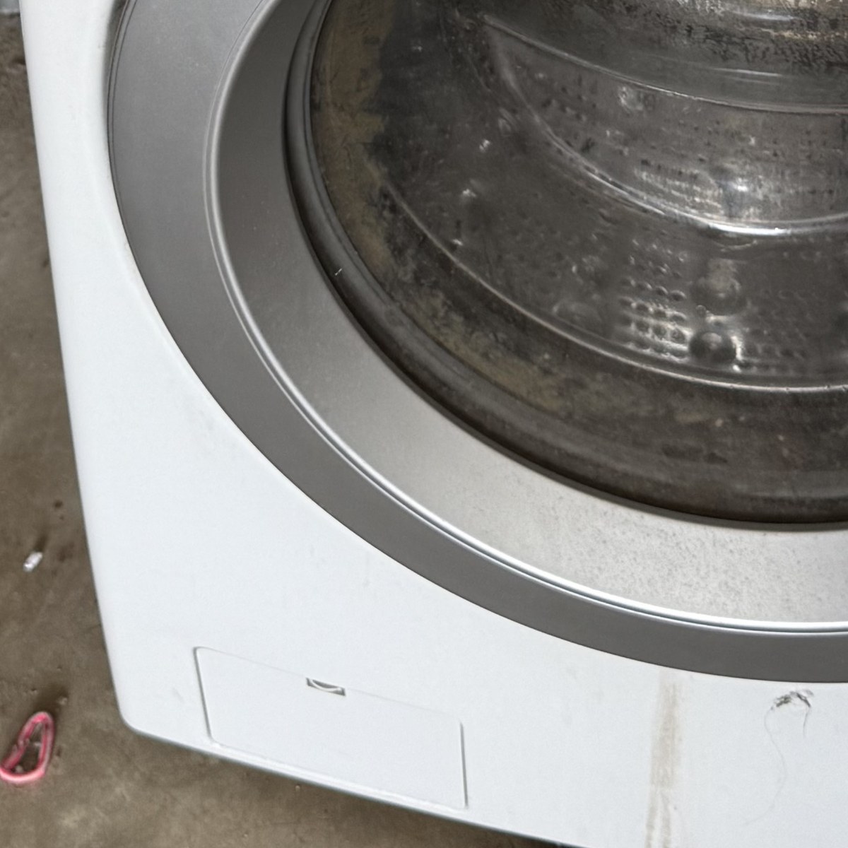 Closed lower-left service panel door below the door ring of a white LG front-load washer in a Chula Vista garage